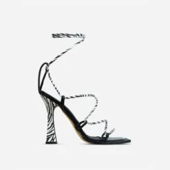 EGO Rosheen Lace Up Strappy Square Toe Flared Block Heel In Zebra Print Faux Leather -EGO Sales lift toe slightly 28 10 22 fw24025 sq 1 v