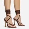 EGO Shanice Lace Up Strappy Square Toe Statement Thin Block Heel In Brown Faux Suede -EGO Sales make left foot more even 28 10 22 fw28265 sq