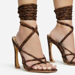 EGO Shanice Lace Up Strappy Square Toe Statement Thin Block Heel In Leopard Print Faux Suede -EGO Sales make left foot more even 28 10 22 fw28272 sq