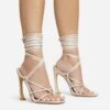 EGO Shanice Lace Up Strappy Square Toe Statement Thin Block Heel In Nude Faux Suede -EGO Sales make left foot more even 28 10 22 fw28276 sq