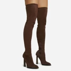 EGO Mamba Round Block Heel Over The Knee Thigh High Long Boot In Brown Faux Suede