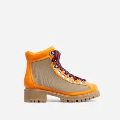EGO Mountain Lace Up Chunky Sole Ankle Biker Boot In Orange Faux Leather
