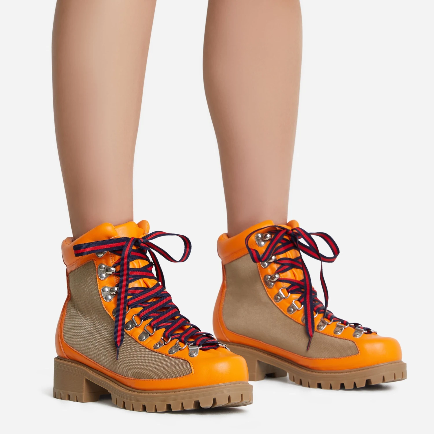 EGO Mountain Lace Up Chunky Sole Ankle Biker Boot In Orange Faux Leather 4 EGO Mountain Lace Up Chunky Sole Ankle Biker Boot In Orange Faux Leather - Image 2