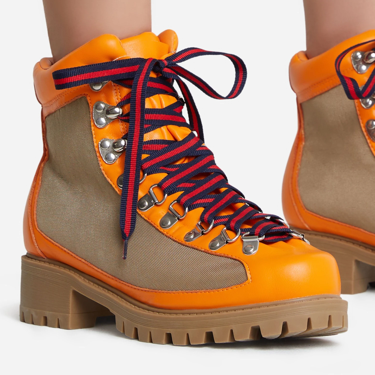 EGO Mountain Lace Up Chunky Sole Ankle Biker Boot In Orange Faux Leather 5 EGO Mountain Lace Up Chunky Sole Ankle Biker Boot In Orange Faux Leather - Image 3