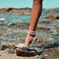 EGO Pearlle Diamante Bow Detail Clear Perspex Pointed Toe Stiletto Heel In White Faux Leather -EGO Sales mykonos2637 1