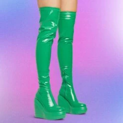 EGO New-Utopia Platform Wedge Over The Knee Thigh High Long Boot In Green Patent