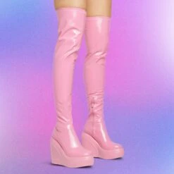 EGO New-Utopia Platform Wedge Over The Knee Thigh High Long Boot In Pink Patent