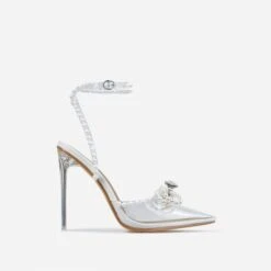 EGO Pearlle Diamante Bow Detail Clear Perspex Pointed Toe Stiletto Heel In White Faux Leather -EGO Sales pearl 0470