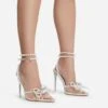EGO Pearlle Diamante Bow Detail Clear Perspex Pointed Toe Stiletto Heel In White Faux Leather -EGO Sales pearll 1459 copy
