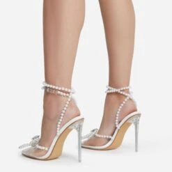 EGO Pearlle Diamante Bow Detail Clear Perspex Pointed Toe Stiletto Heel In White Faux Leather -EGO Sales pearll 1461 copy