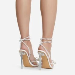 EGO Pearlle Diamante Bow Detail Clear Perspex Pointed Toe Stiletto Heel In White Faux Leather -EGO Sales pearll 1462 copy