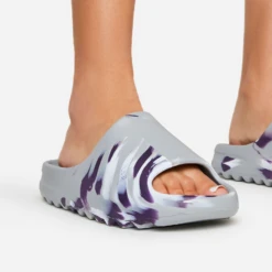 EGO Playoff Paint Stroke Effect Flat Slider Sandal In Grey Rubber -EGO Sales playoff lightblue 2