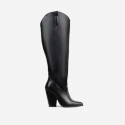 EGO Pony-Club Pointed Toe Low Block Heel Knee High Long Western Cowboy Boot In Black Faux Leather -EGO Sales pony black