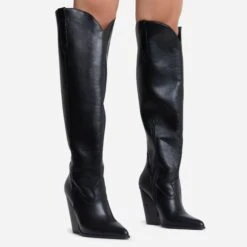 EGO Pony-Club Pointed Toe Low Block Heel Knee High Long Western Cowboy Boot In Black Faux Leather