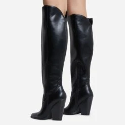 EGO Pony-Club Pointed Toe Low Block Heel Knee High Long Western Cowboy Boot In Black Faux Leather -EGO Sales ponyclub 8019