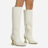 EGO Highland Square Toe Statement Metallic Heel Knee High Long Boot In Cream Croc Print Faux Leather -EGO Sales reflection in heel 28 10 22 fw20543 sq 1 v