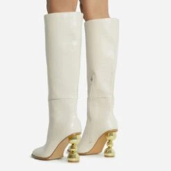 EGO Highland Square Toe Statement Metallic Heel Knee High Long Boot In Cream Croc Print Faux Leather -EGO Sales reflection in heel 28 10 22 fw20543 sq 4 v