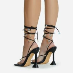 EGO Isla Lace Up Iridescent Star Detail Square Toe Statement Heel In Black Faux Leather -EGO Sales remove paint 28 10 22 fw23759 sq