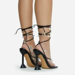 EGO Isla Lace Up Iridescent Star Detail Square Toe Statement Heel In Black Faux Leather -EGO Sales remove paint 28 10 22 fw23760 sq