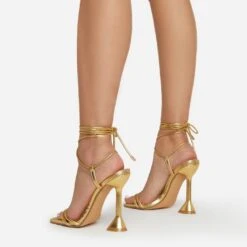 EGO Ring-Top Strappy Lace Up Square Toe Sculptured Heel In Gold Faux Leather -EGO Sales ring top 0205 copy