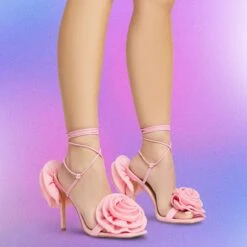 EGO Rosalia Lace Up Knotted Strap 3D Rose Detail Square Toe Stiletto Heel In Pink Faux Leather