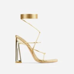 EGO Roseville Lace Up Quilted Insole Square Toe Cut Out Flared Heel In Gold Metallic Faux Leather -EGO Sales roseville 15271