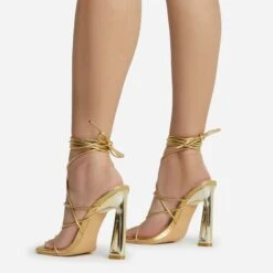 EGO Roseville Lace Up Quilted Insole Square Toe Cut Out Flared Heel In Gold Metallic Faux Leather -EGO Sales roseville 15599