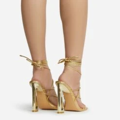 EGO Roseville Lace Up Quilted Insole Square Toe Cut Out Flared Heel In Gold Metallic Faux Leather -EGO Sales roseville 15600