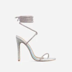 EGO Carmella Glitter Sole Diamante Detail Lace Up Heel In Silver Holographic Faux Leather -EGO Sales sample 2268