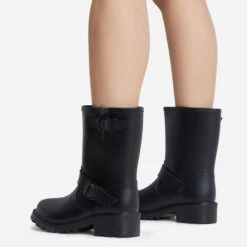 EGO Senorita Buckle Detail Chunky Sole Ankle Wellington Biker Boot In Black Rubber -EGO Sales sendrita 8055