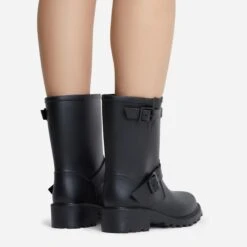 EGO Senorita Buckle Detail Chunky Sole Ankle Wellington Biker Boot In Black Rubber -EGO Sales sendrita 8056