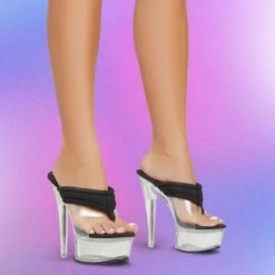 EGO Serena Padded Thong Strap Clear Perspex Platform Stiletto Heel Mule In Black Nylon