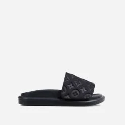 EGO It's-A-Vibe Embossed Velcro Strap Flat Slider Sandal In Black Lycra -EGO Sales sgg007 7569