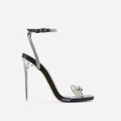 EGO Sugar-Coated Diamante Bow Detail Square Toe Clear Perspex Heel In Black Faux Leather -EGO Sales sugar coated black