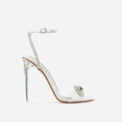 EGO Sugar-Coated Diamante Bow Detail Square Toe Clear Perspex Heel In White Faux Leather -EGO Sales sugar coated white