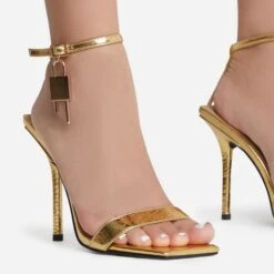 EGO Sunak Padlock Detail Square Toe Stiletto Heel In Gold Croc Print Faux Leather -EGO Sales sunak 8066