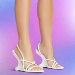 EGO Thriller Strappy Detail Square Toe Sling Back Cut Out Wedge Heel In White Faux Leather