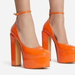 EGO Violet Ankle Strap Closed Toe Statement Platform Block Heel In Orange Patent -EGO Sales violet 10691 copy