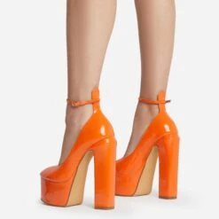 EGO Violet Ankle Strap Closed Toe Statement Platform Block Heel In Orange Patent -EGO Sales violet 10692 copy