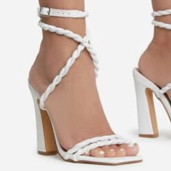 EGO Visalia Double Twisted Strap Detail Square Toe Flared Block Heel In White Faux Leather -EGO Sales visalia 7778