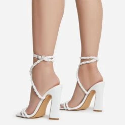 EGO Visalia Double Twisted Strap Detail Square Toe Flared Block Heel In White Faux Leather -EGO Sales visalia 7779