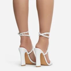 EGO Visalia Double Twisted Strap Detail Square Toe Flared Block Heel In White Faux Leather -EGO Sales visalia 7780