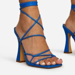 EGO Waves Lace Up Strappy Square Toe Flared Block Heel In Blue Croc Print Faux Leather -EGO Sales waves blue 2