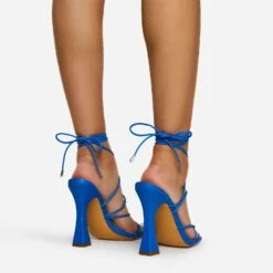 EGO Waves Lace Up Strappy Square Toe Flared Block Heel In Blue Croc Print Faux Leather -EGO Sales waves blue 4
