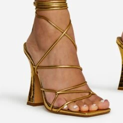 EGO Waves Lace Up Strappy Square Toe Flared Block Heel In Gold Croc Print Faux Leather -EGO Sales waves gold 2