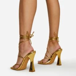 EGO Waves Lace Up Strappy Square Toe Flared Block Heel In Gold Croc Print Faux Leather -EGO Sales waves gold 3