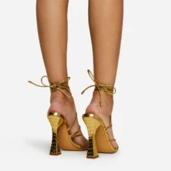 EGO Waves Lace Up Strappy Square Toe Flared Block Heel In Gold Croc Print Faux Leather -EGO Sales waves gold 4