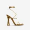 EGO Waves Lace Up Strappy Square Toe Flared Block Heel In Gold Croc Print Faux Leather -EGO Sales waves gold 5